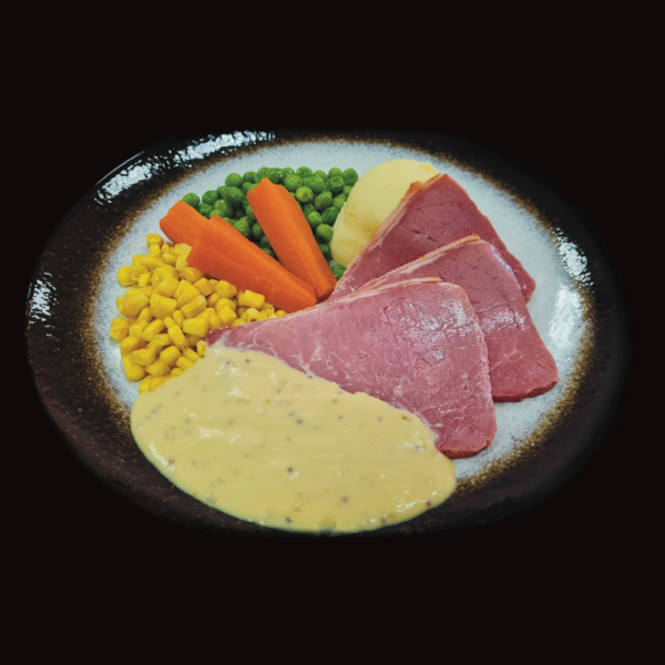 Corned Silverside with Honey Mustard Sauce, Creamy Mash and Vege - Image 2