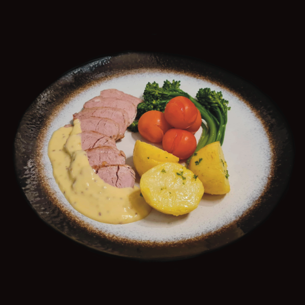 Honey Mustard Pork Fillet with Lemon Potato, Brocollini and Blistered Cherry Tomatoes - Image 2