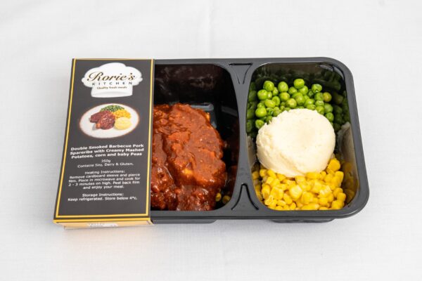 Double Smoked BBQ Pork Spareribs with Creamy Mash, Corn and Baby Peas